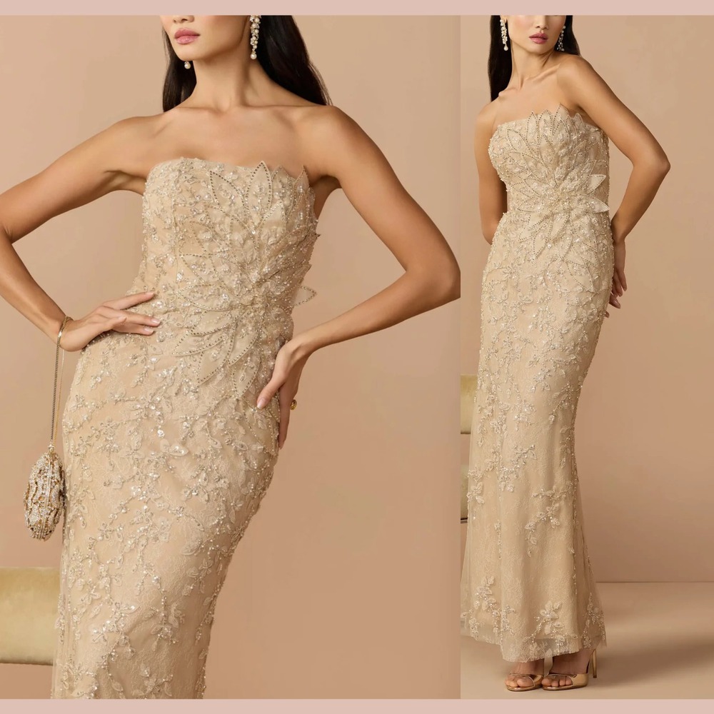 NWT MAC DUGGAL [ 8 ] 21200 Strapless Embellished Lace Gown 3D Flower Gold J2448